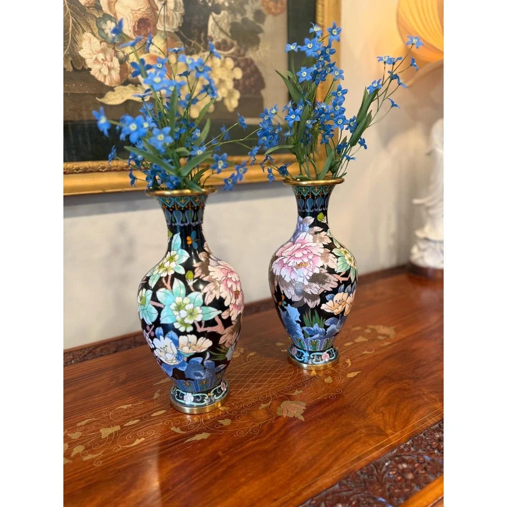 Vintage Cloisonné Peony Vase Pair‎ - 10.25